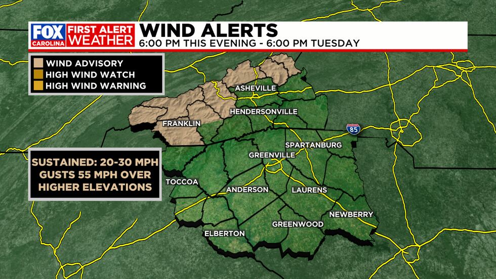 Winds gusting to 55 mph Monday night and Tuesday