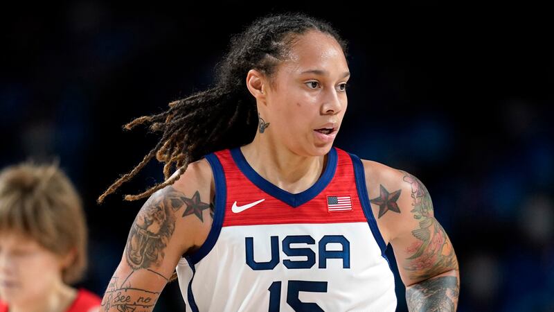 FILE - Brittney Griner (15) runs up court during women's basketball gold medal game against...