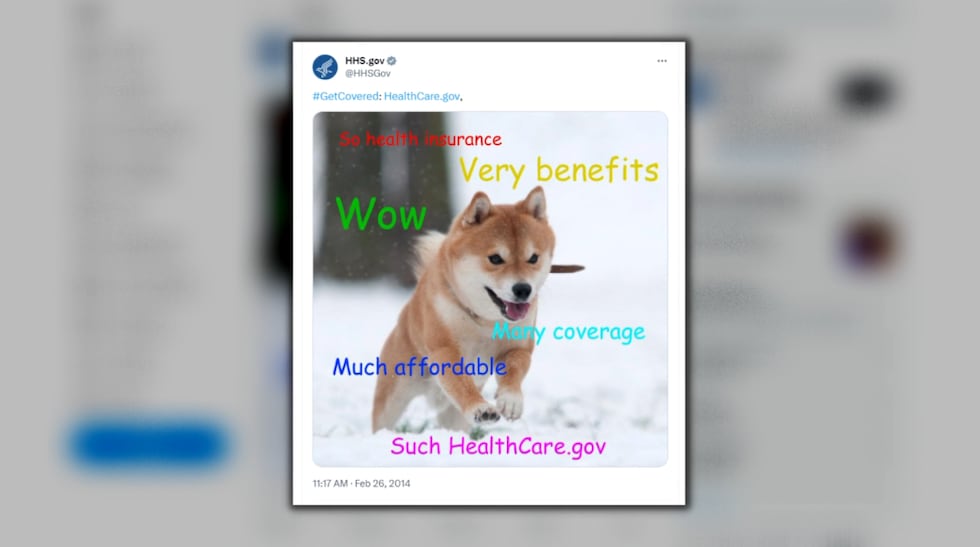 Doge meme posted by the Department of Health and Human Services in February 2014.