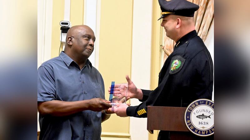 In this image provided by the Exeter, N.H., Police Department, Jeff Neil, left, of Exeter,...