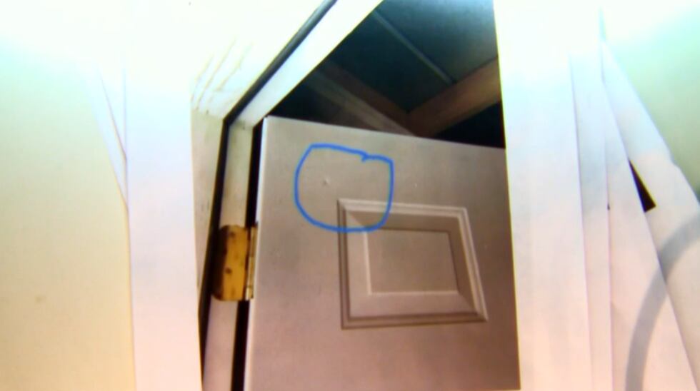 Defects in feed room door from pellets in birdshot used to kill Paul Murdaugh.