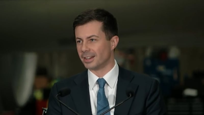 Pete Buttigieg speaking at UPS Worldport in Louisville.