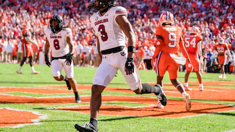 South Carolina wide receiver Antwane Wells Jr. (3) celebrates after scoring a touchdown in the...