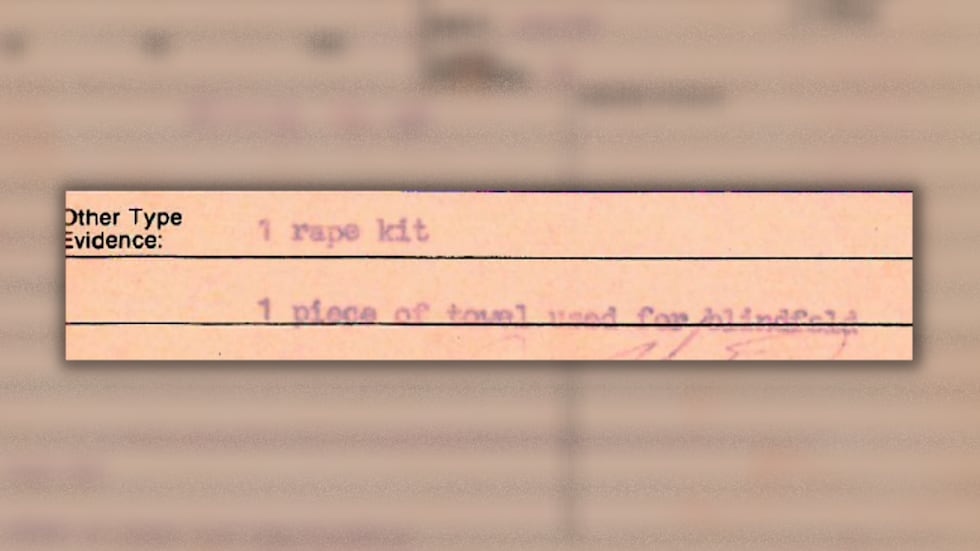 Evidence slip from Evelyn Mitchell's rape kit that was destroyed less than two years after her...