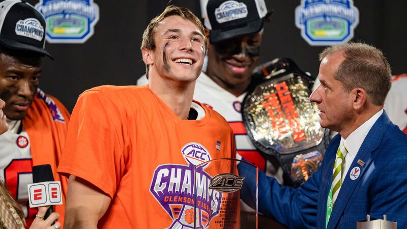 Clemson quarterback Cade Klubnik smiles after being named game MVP after Clemson defeated...