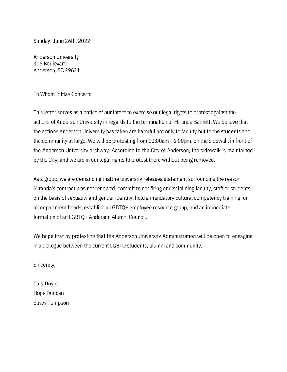 Letter to Anderson University