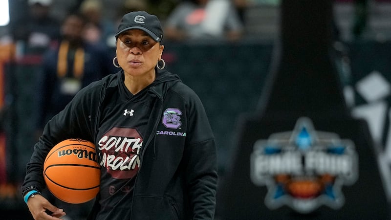 South Carolina head coach Dawn Staley watches during a practice session for an NCAA Women's...