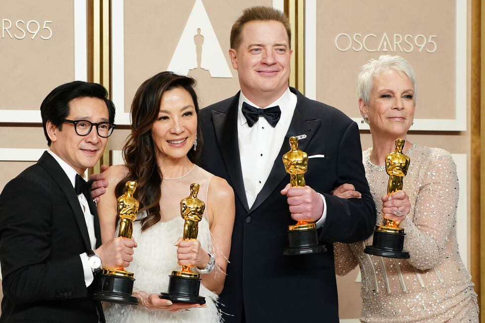 Ke Huy Quan, from left, Michelle Yeoh, Brendan Fraser and Jamie Lee Curtis pose with their...