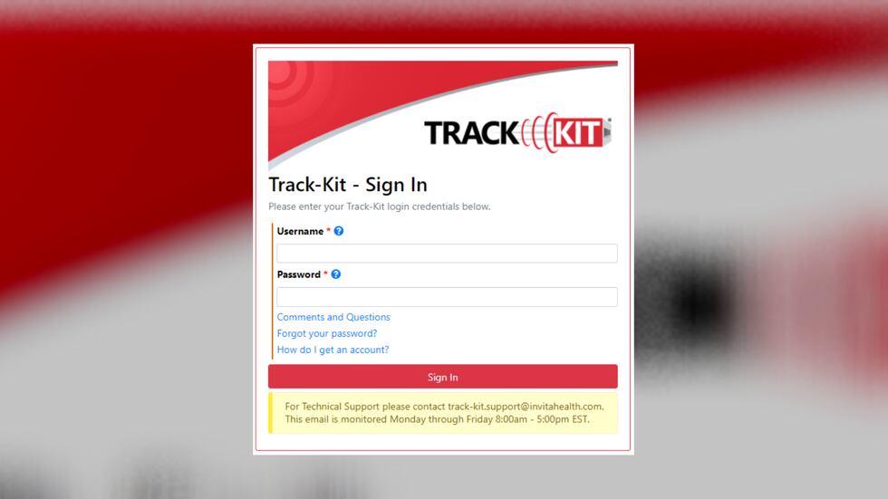 Login for Track-Kit, Invita Health's system for tracking rape kits