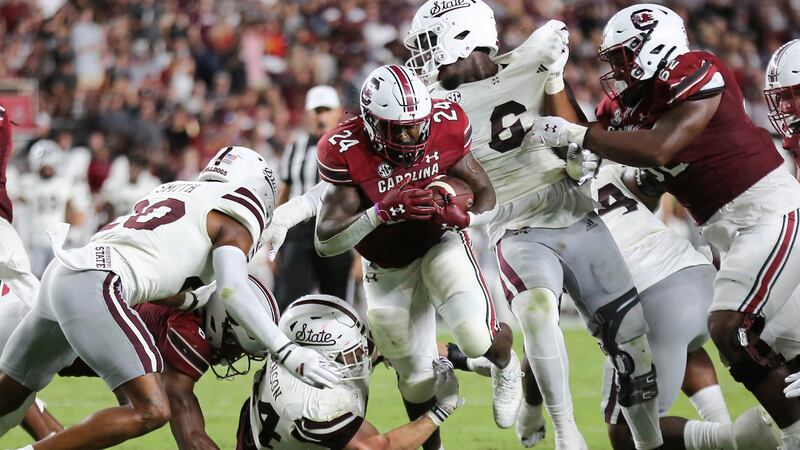 South Carolina running back Mario Anderson (24) runs over Mississippi State linebacker Jett...