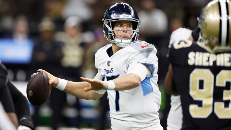 Tennessee Titans quarterback Ryan Tannehill throws a pass against the New Orleans Saints in...