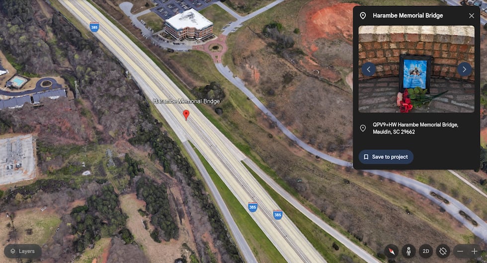 Someone named Mauldin's new pedestrian bridge "Harambe Memorial Bridge" on Google Maps.