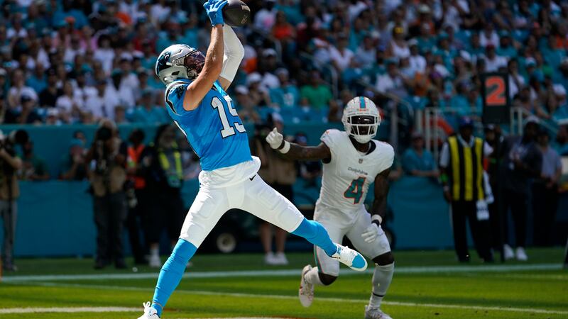 Carolina Panthers wide receiver Adam Thielen (19) catches a pass for a touchdown during the...