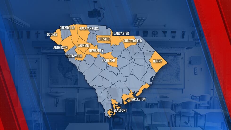 Map of counties in South Carolina that received fake active school shooter calls on Wednesday,...