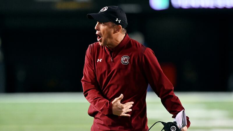 South Carolina head coach Shane Beamer reacts to an officials penalty call in the first half...